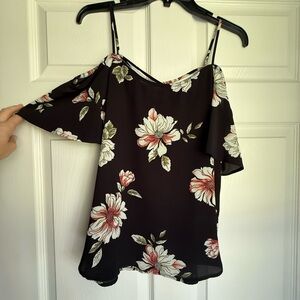 Kaileigh Black Floral Cold-Shoulder Camisole with Pink and White Blooms